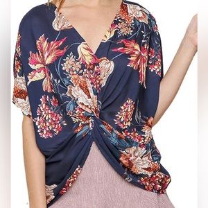 Umgee, Navy, Twist Front, Floral, Top, Size M